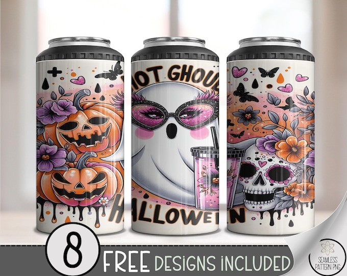 Hot Ghoul Halloween 4-in-1 Can Cooler Wrap PNG – Ghost with Sunglasses, Pumpkins, Flowers, Sugar Skull, Cute Sublimation Design, A395