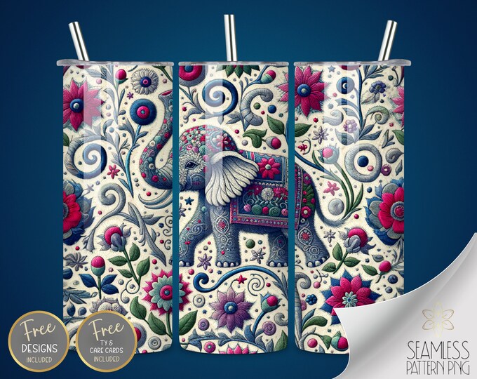 Embroidered Elephant Tumbler Wrap, 3D Sublimation Design 20oz Straight Sublimation Tumbler Design, Embroidery Mandala Tumbler PNG Download