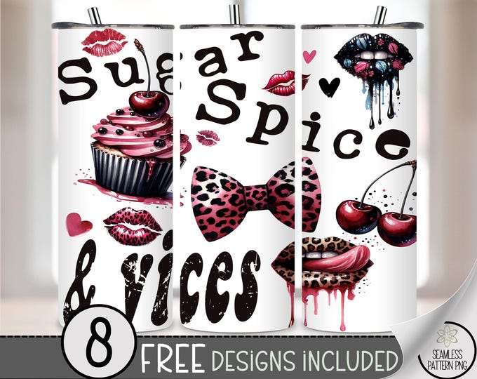Sugar Spice & Vices 20oz Tumbler Wrap PNG, Edgy Leopard Lip and Pink Bow Sublimation Design, Cherry Cupcake Grunge Wrap, Messy Coquette A259