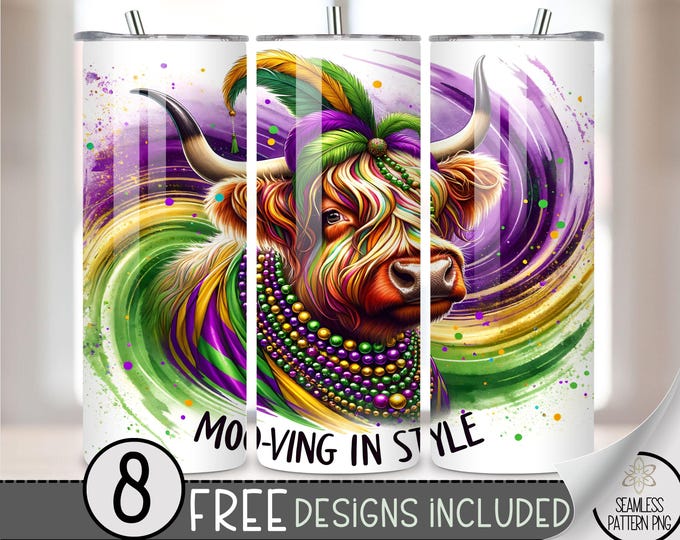 Highland Cow Mardi Gras Tumbler Wrap, Carnival Sublimation Design PNG, Fleur De Lis 20Oz Skinny Tumbler File, Festival Tumbler PNG