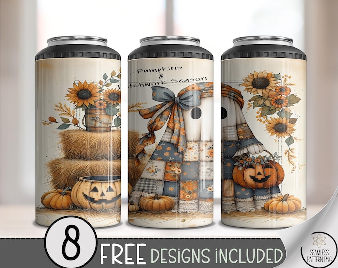 Rustic Fall Can Cooler Wrap Set, Vintage Halloween Pumpkins, Country Sunflowers, Cozy Autumn Floral Printable, 4in1 Can Design A422