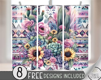 Aztec Floral Tumbler Wrap, Boho Floral Design 20 oz Digital Download,Country Western Tumbler File,Boho Sunflower Succulent Tumbler PNG, A116