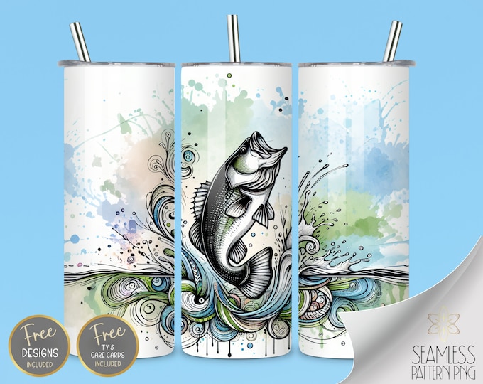 Zentangle PNG Tumbler Wrap, Fishing 20 Oz Skinny Sublimation Tumbler Design, Pastel Watercolor Large Mouth Bass Seamless Design