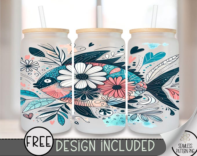 Tropical Fish Glass Wrap, Sea Ocean 16 Oz Glass Can Wrap PNG, Coastal Boho Floral Glass Can Sublimation Wrap Design, Ocean Beach PNG, A205