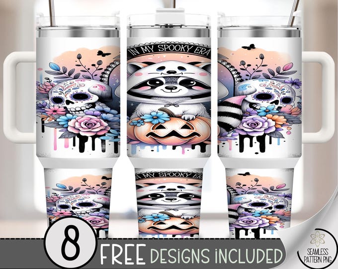 Spooky Raccoon 40 oz Tumbler Wrap, Cute Floral Skulls & Bat Design, Halloween File, 40oz Cup Wrap, Gothic Printable Tumbler Wrap A447