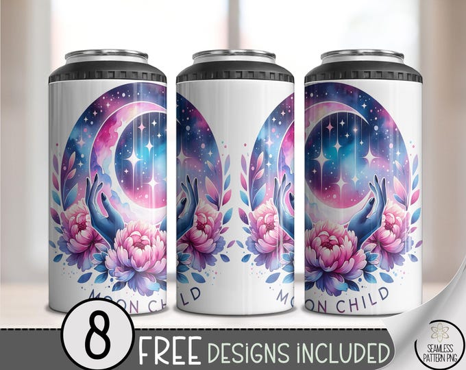 Moon Child 4-in-1 Can Cooler Wrap PNG, Mystical Galaxy Floral Wrap, Celestial Sublimation Design with Moon and Hands, A397