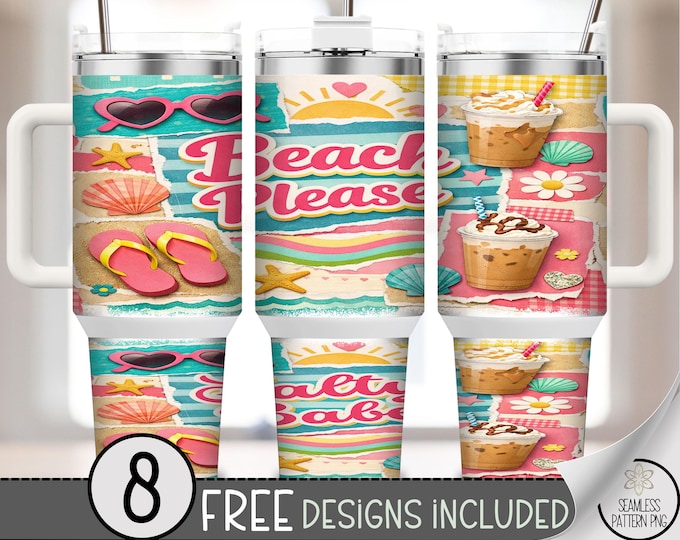 Beach Please 40 oz Tumbler Wrap, Summer Sublimation Design, Retro PNG Files, Digital Download, B10219