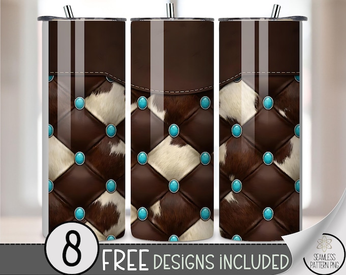 Cow Leather PNG, 20 Oz Tumbler Wrap, Western Turquoise Sublimation Design, Digital Download, B981