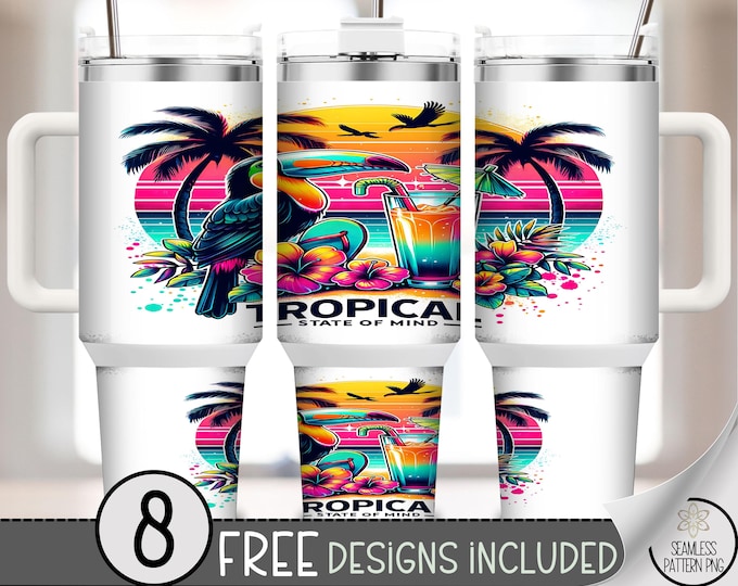 Tropical State of Mind 40 oz Tumbler Wrap, Retro Toucan Beach Drink Sublimation Design PNG, 40oz Cruise Tumbler Wrap, A327
