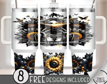 Book Lover 40oz Tumbler Wrap, Smut Book Tumbler Sublimation Design, Adult 40oz Quencher Tumbler Wrap PNG, Floral Sunflower Flower Wrap A17