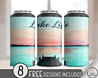 Lake Life 4in1 Can Cooler Wrap, Dock Silhouette Sublimation Design, Tranquil Pastel Watercolor 16 oz 4-in-1 File Download, B10078