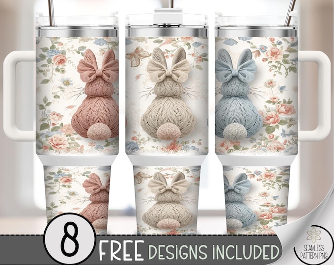Knitted Bunny 40 oz Tumbler Wrap PNG, Adorable Digital Download, Baby Shower, Cozy Nursery Sublimation Design, A724