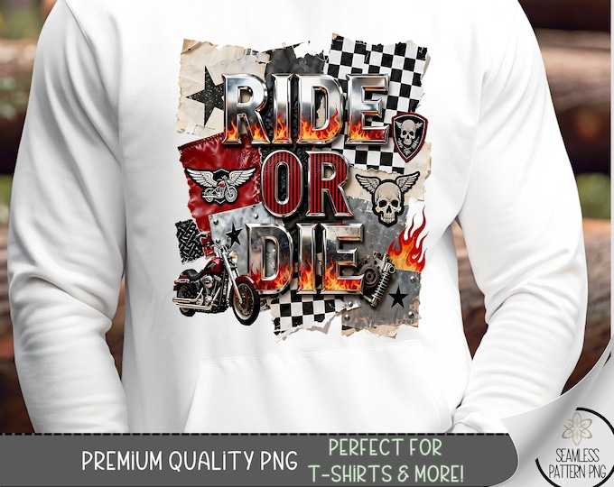 Ride Or Die Skull PNG, Biker Sublimation Design For T-Shirts, Grunge Rock DTF Graphic File, B835