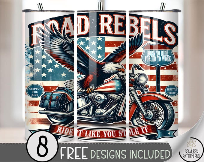 Road Rebels 20 oz Tumbler Wrap, Vintage Motorcycle Eagle Design, Patriotic Americana PNG, A625