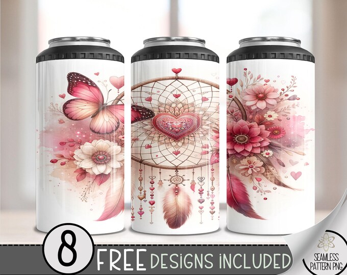 Boho Dreamcatcher Butterfly Floral 4in1 Can Cooler Wrap, Heart 4 in 1 Tumbler PNG, Seamless Valentine 16 Oz Can Cooler Sublimation Design
