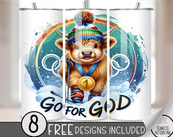 Go For God 20oz Skinny Tumbler Sublimation, Religious Christian Tumbler Design, Highland Cow Bible Tumbler Wrap PNG Digital Download