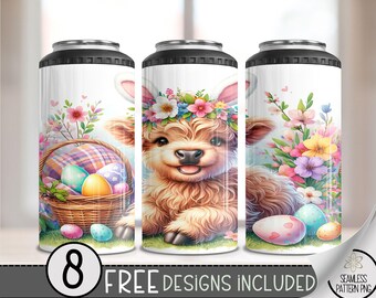 Highland Cow Easter 4 in 1 Can Cooler Wrap,Bunny Floral 4in1 Tumbler PNG,Egg Easter 16 Oz Can Cooler Sublimation Design,Seamless Floral File