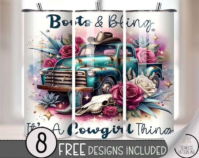 Cowgirl Tumbler Wrap PNG, 20 oz Boots and Bling Sublimation, Western Truck Floral Skull Wrap, Rustic Country Cowgirl Design, A281