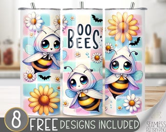 Boo Bees Halloween Tumbler Wrap, Ghost 20 oz Skinny Sublimation PNG Design, Whimsical & Cute Spooky Vibes, Halloween Funny Tumbler Wrap