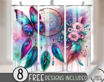 Boho Dreamcatcher Butterfly Floral Tumbler Wrap, Floral Boho Sublimation Design PNG, Ethereal 20Oz Skinny Tumbler File, Glittery Tumbler PNG