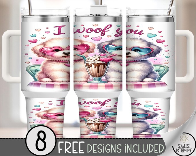 Lovely Dog PNG, Cute Valentine’s Sublimation Design, Playful Pastel Pink 40 oz Tumbler Wrap, B732