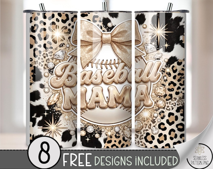 Baseball Mama 20 oz Tumbler Wrap, Cowhide Sublimation Design for Straight Tumblers, Chic PNG Files with Sparkle & Leopard Style B10055