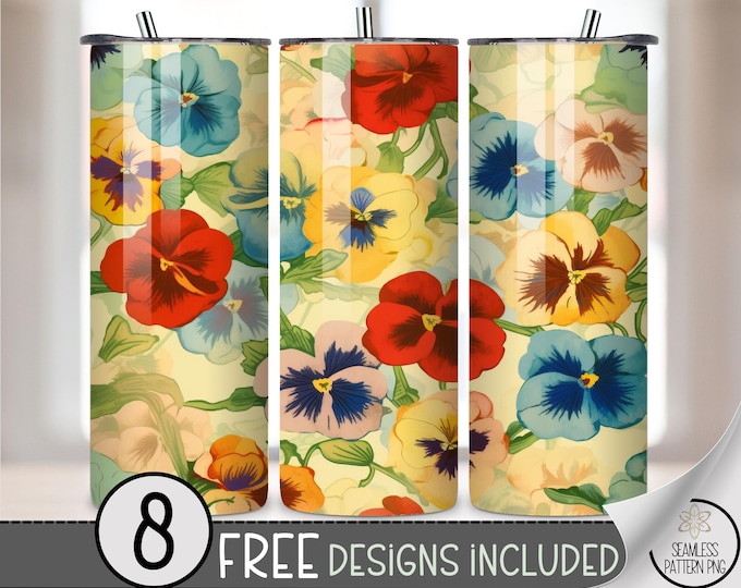 Pansy Floral Tumbler Wrap PNG, Watercolor 20oz Skinny Tumbler Sublimation Design, 20 oz Colorful Garden Flower Printable Tumbler Wrap A268