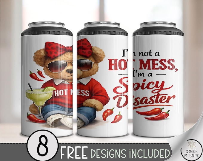 Teddy Bear 4in1 Can Cooler Wrap, Spicy Disaster Sublimation Design, Adult Humor 16 oz 4-in-1 File, B10045