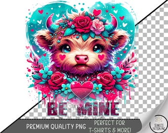 Be Mine Sublimation Design, Valentines Day UV DTF Graphic, Adorable Highland Cow Clip Art, Playful Animal Graphic for V Day A651