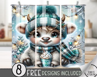 Seamless Christmas Highland Cow Tumbler Wrap, 20oz Skinny Tumbler Design PNG Highland Cow Sublimation Design for Christmas, Winter Cocoa PNG