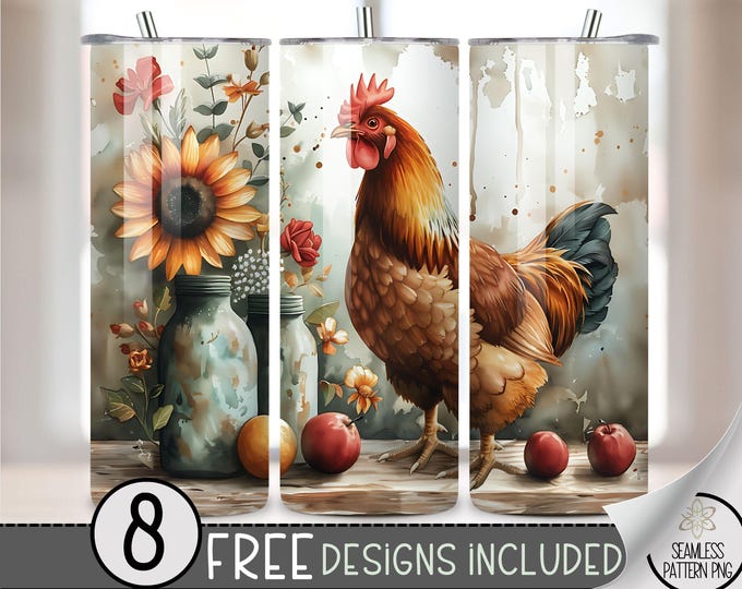 Seamless Watercolor Chicken Tumbler Wrap, Flower Rooster 20oz Skinny Tumbler Sublimation Design, Rustic Farmhouse Tumbler Wrap File PNG