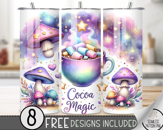 Hot Chocolate Tumbler Wrap, Magical Fairy 20 Oz Skinny Sublimation Tumbler PNG, Mushroom Cup Sublimation Design, Marshmallows Tumbler Wrap