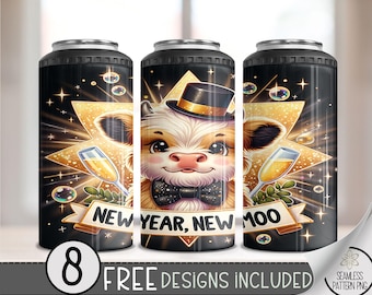 Highland Cow New Year 4in1 Can Cooler Wrap, Winter Sublimation Design,NYE 16 Oz Slim, Cute 4 in 1 Tumbler PNG,New Years Eve 16 Oz Can Cooler