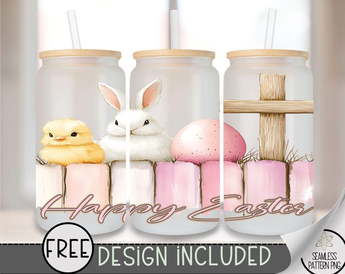 Easter Libbey Glass Wrap, Cute Bunny 16 Oz Glass Can Wrap PNG, Chick Glass Tumbler Wrap, Cross Glass Can Sublimation Wrap Design, A142