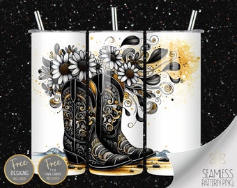 Zentangle 20 Oz Skinny Sublimation Tumbler Design, Watercolor Western Boots PNG, Cowgirl Boots at the Beach Seamless Design Instant Download