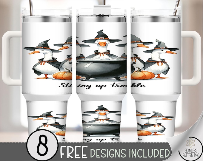 40oz Stirring Up Trouble Tumbler Wrap, Funny Halloween Goose PNG, Witch Duck Sublimation, Large Fall Pumpkin Cauldron Tumbler Wrap, A364