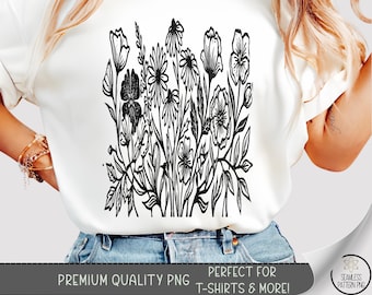 Wildflower Bouquet T-shirt PNG, Botanical Floral Sublimation Design, Vintage Cottagecore DTF Shirt Graphic, Neutral TShirt File B10129