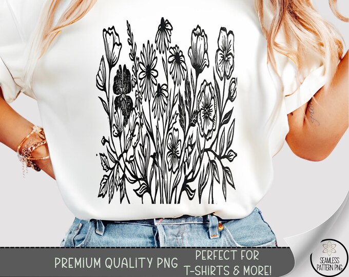 Wildflower Bouquet T-shirt PNG, Botanical Floral Sublimation Design, Vintage Cottagecore DTF Shirt Graphic, Neutral TShirt File B10129