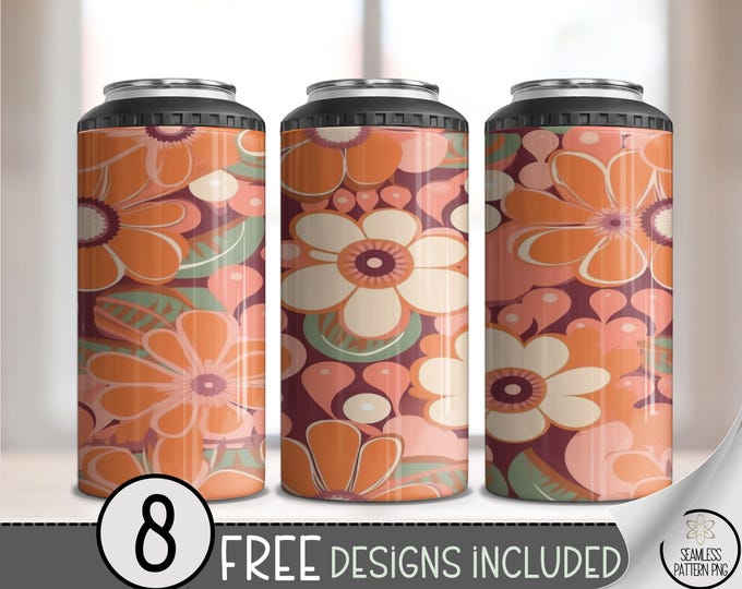 Groovy 70s Flower 4 in 1 Can Cooler Design File, Retro 16oz PNG File, Floral Sublimation Design PNG, Vintage Girly Aesthetic Can Wrap, A401