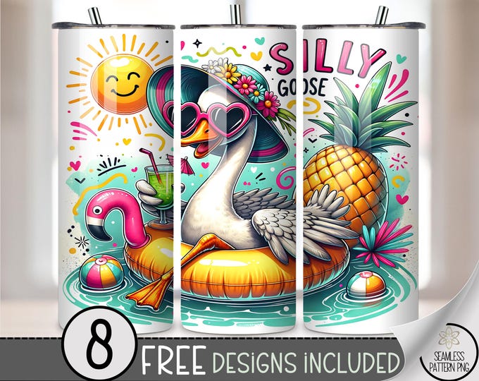 Funny Goose 20 oz Tumbler Wrap PNG, Summer Flamingo Pineapple Wrap, Silly Animal Sublimation, Pool Party Skinny Tumbler Design A270
