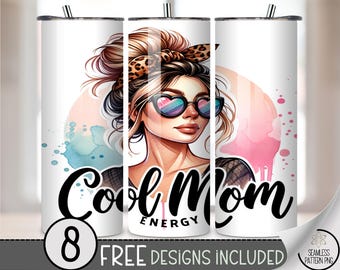 Cool Mom Energy 20 oz Tumbler Wrap PNG, Messy Bun Leopard Glasses Mom Sublimation, Trendy Retro Mama Wrap PNG, A363