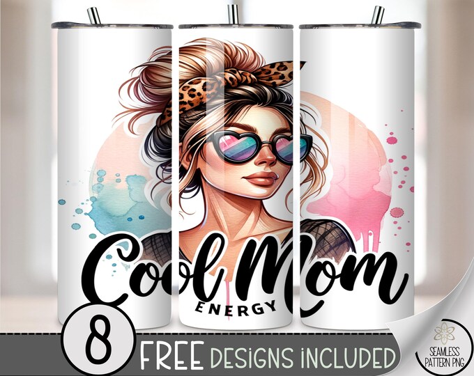 Cool Mom Energy 20 oz Tumbler Wrap PNG, Messy Bun Leopard Glasses Mom Sublimation, Trendy Retro Mama Wrap PNG, A363