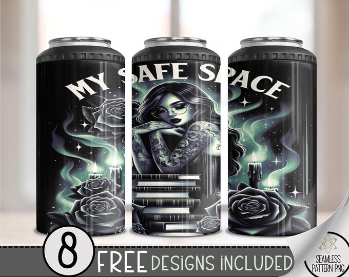 Floral Book Safe Space 4 in 1 Can Cooler Wrap, Gothic Romantasy 4in1 Tumbler PNG, Book Lover 16 Oz Can Cooler Sublimation Design, A24
