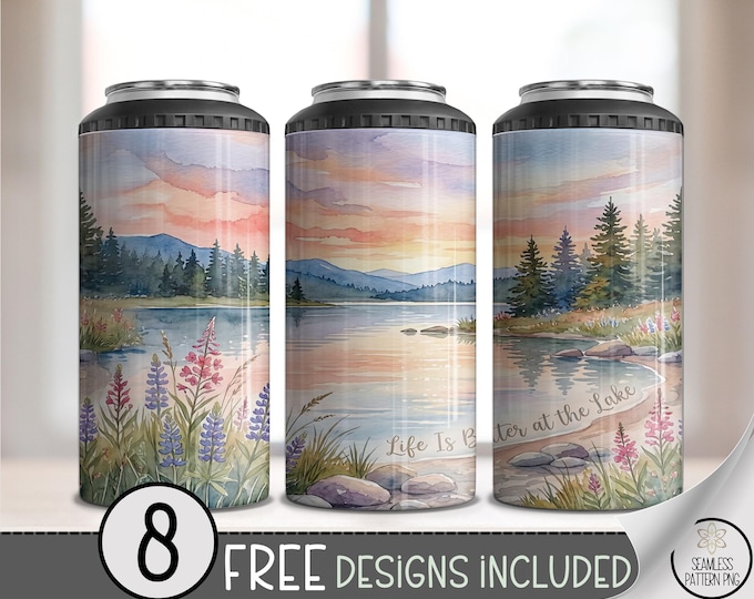 Lakeside Sunset 4in1 Can Cooler Wrap, Rustic Tranquil Landscape Design, Cottagecore Nature 16 oz 4-in-1 Sublimation, B10062