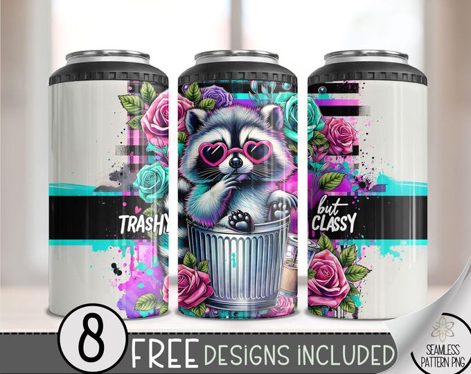 Trashy But Classy Raccoon 4-in-1 Can Cooler Wrap PNG, Grunge Trash Panda Coffee Design with Roses, Funny Sublimation Edgy Design, A304