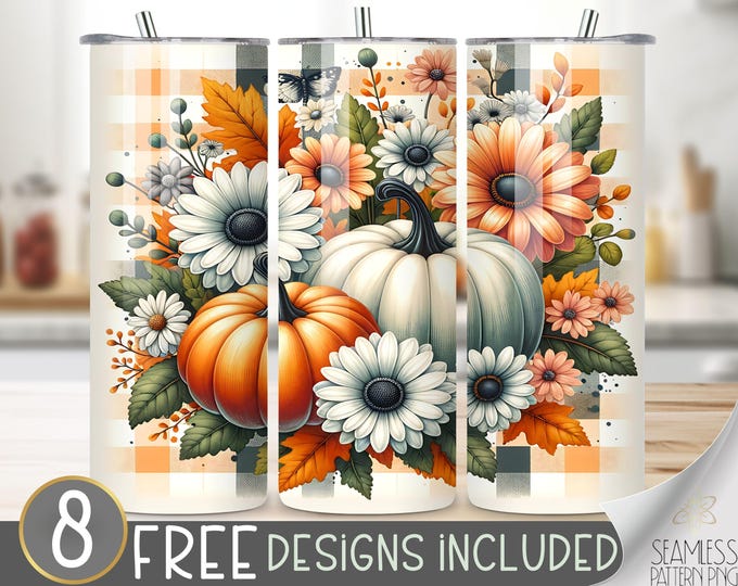 Autumn Pumpkin tumbler wrap, flower tumbler design, pumpkin 20 oz tumbler wrap, autumn plaid tumbler PNG, trendy pumpkin tumbler file