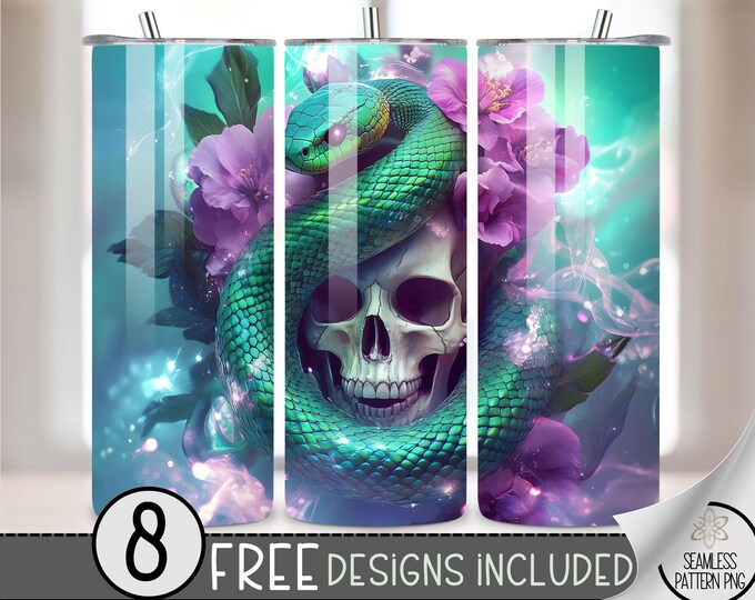 Gothic Skull And Floral Tumbler Wrap, Flower Snake 20oz Skinny Tumbler Sublimation Design, Striking Snake Tumbler Wrap File Scull PNG