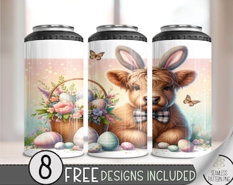Highland Cow Easter 4 in 1 Can Cooler Wrap,Bunny Floral 4in1 Tumbler PNG,Egg Easter 16 Oz Can Cooler Sublimation Design,Seamless Floral, A79