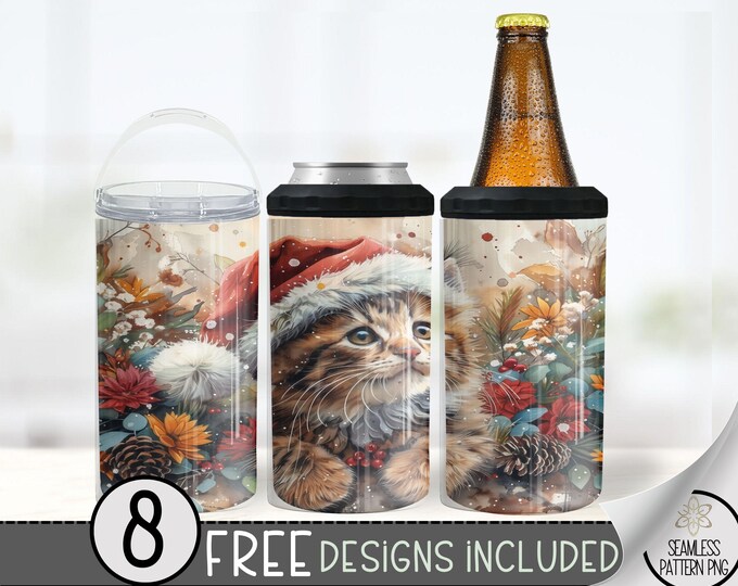 Christmas Cat 4in1 Can Cooler Wrap, Winter Sublimation Design, Xmas 16 Oz Slim, Cute Christmas 4 in 1 Tumbler Png, Kitten 16 Oz Can Cooler