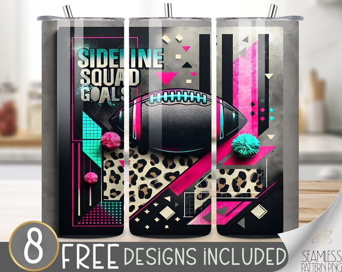 Sideline Squad Goals Tumbler Wrap, Neon Sports Sublimation 20 oz Skinny, Retro 80s 90s Football Season Design, American Grid Game PNG